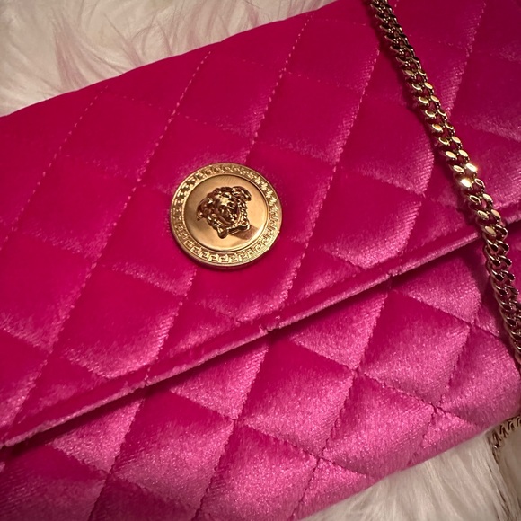 VERSACE pink Medusa Velvet Quilted Wallet On Chain purse and platform mules - Picture 3 of 4